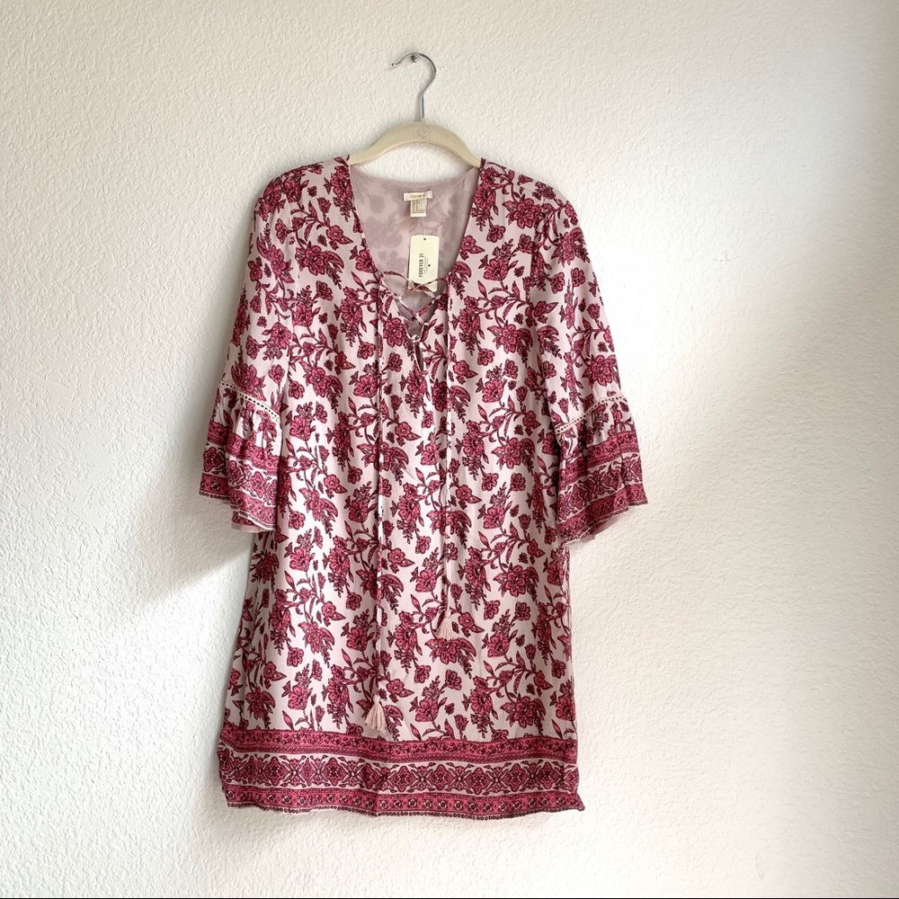 NWT Forever 21 Pink Bell Sleeve Boho Dress Sz S